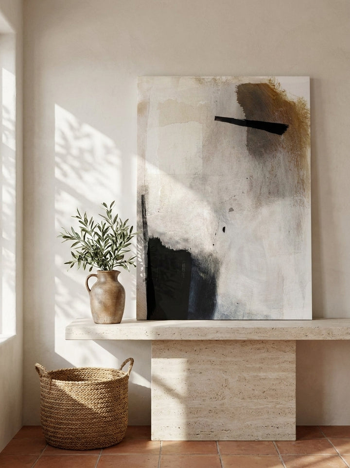 Stretched canvas wall art standing on a console in a Mediterranean bedroom