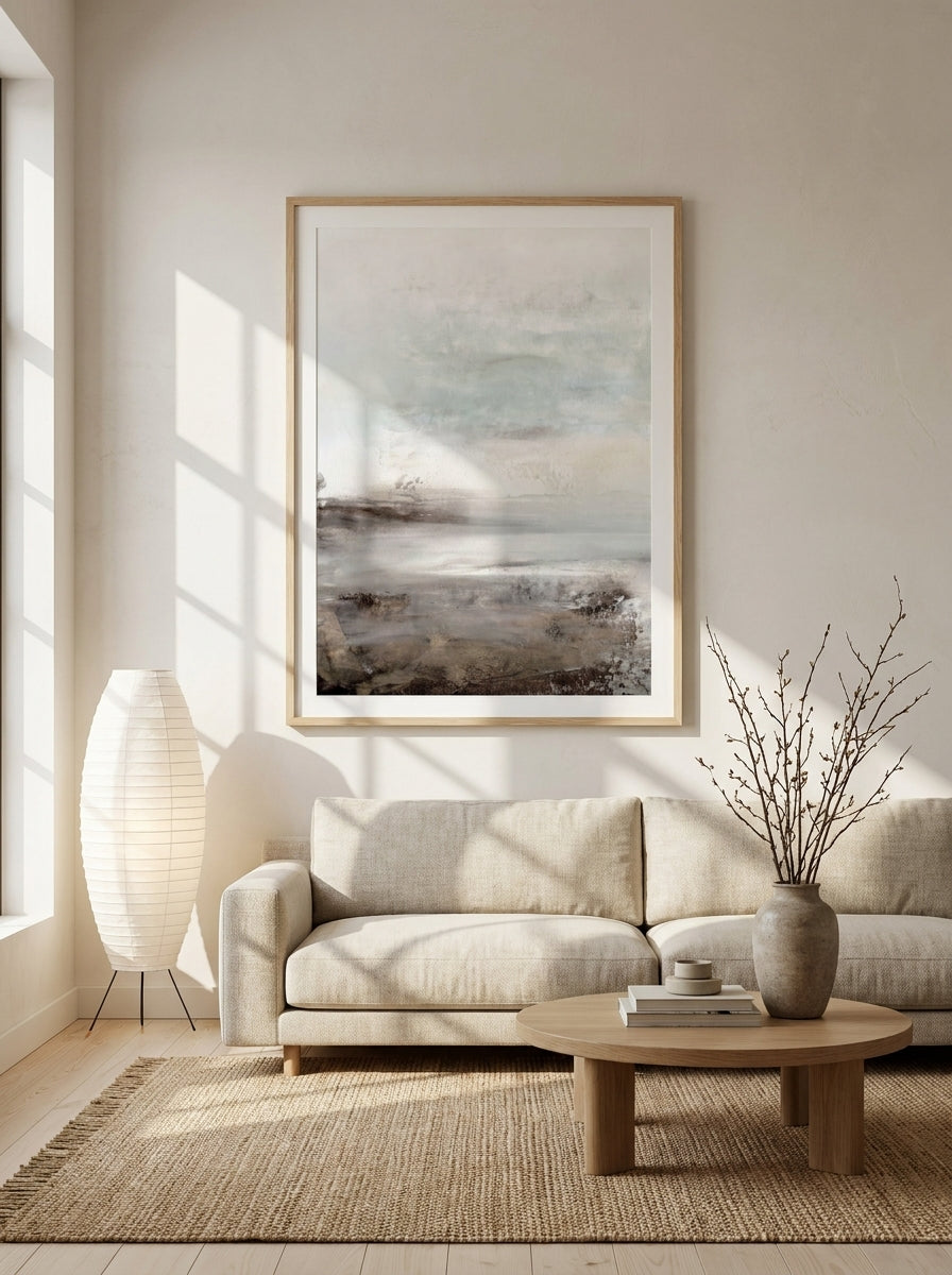 Modern wall art print styled on the wall in a warm Japandi living room
