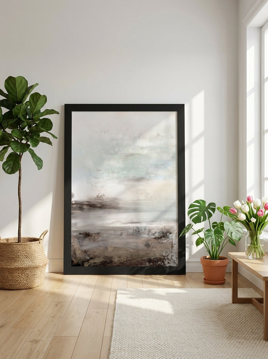 Oversized statement modern wall art print leaning against the wall in a bright Scandinavian bedroom
