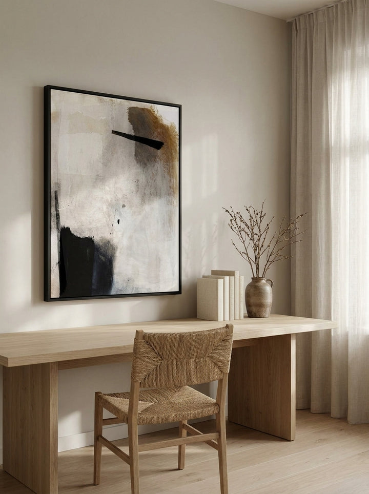 Oversized statement modern wall art print styled on the wall in a warm Japandi home office
