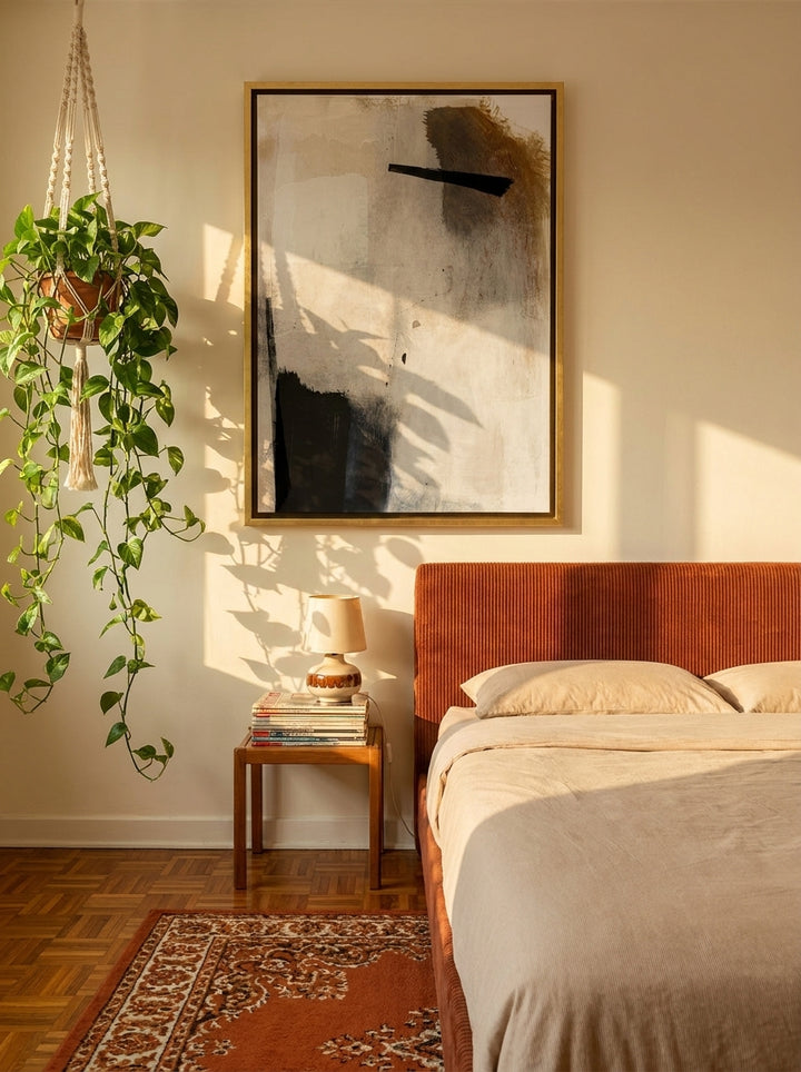 Canvas wall art with a gold leaf surround styled on the wall in a retro 70s bedroom