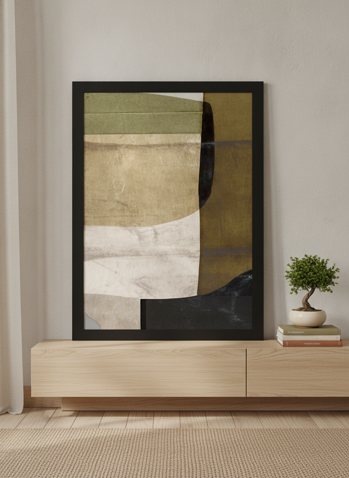 Modern wall art print standing on a sideboard in a warm Japandi home office
