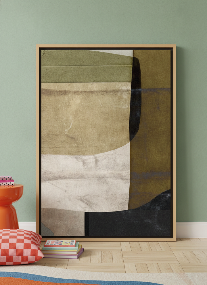Canvas wall art with a natural timber surround leaning against the wall in a colourful eclectic bedroom