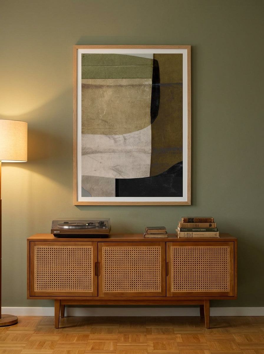 Modern wall art print styled on the wall in a mid-century living room
