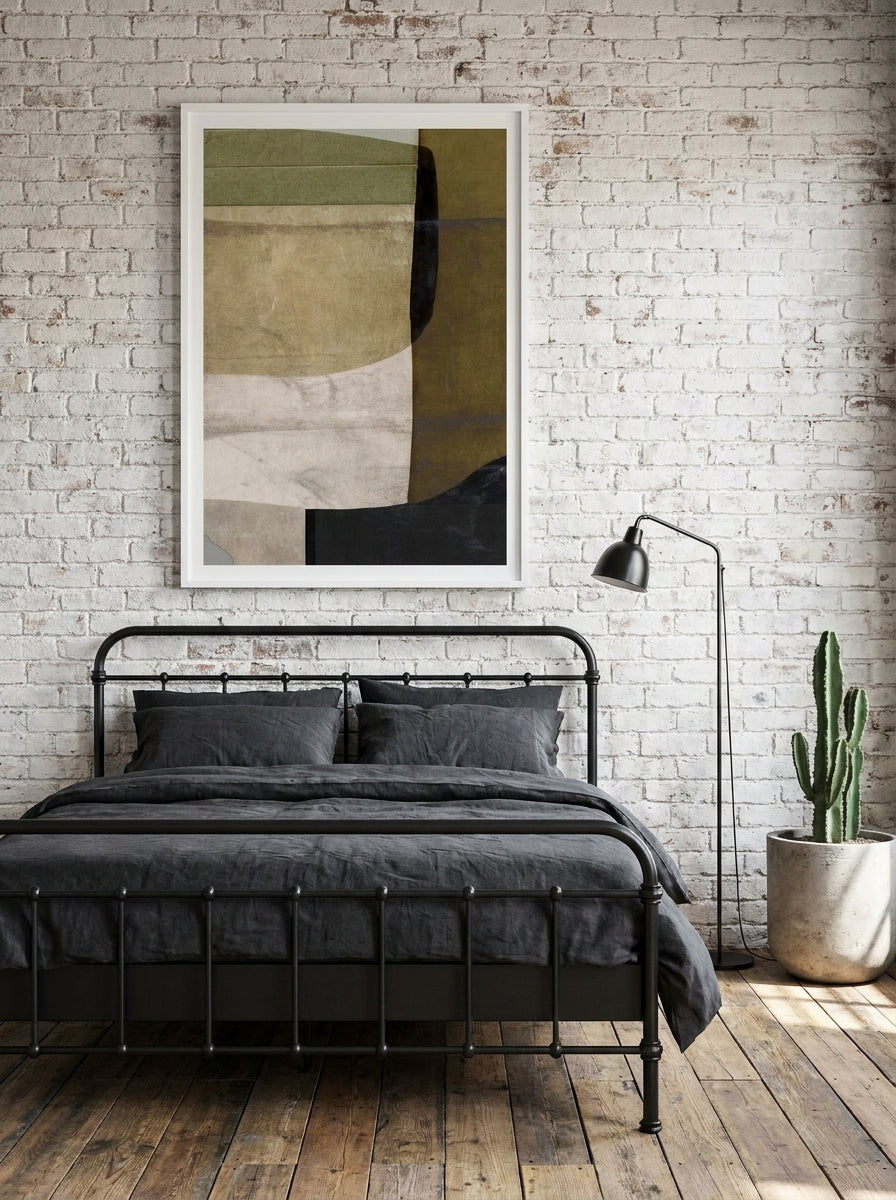 Modern wall art print styled on the wall in an industrial loft bedroom