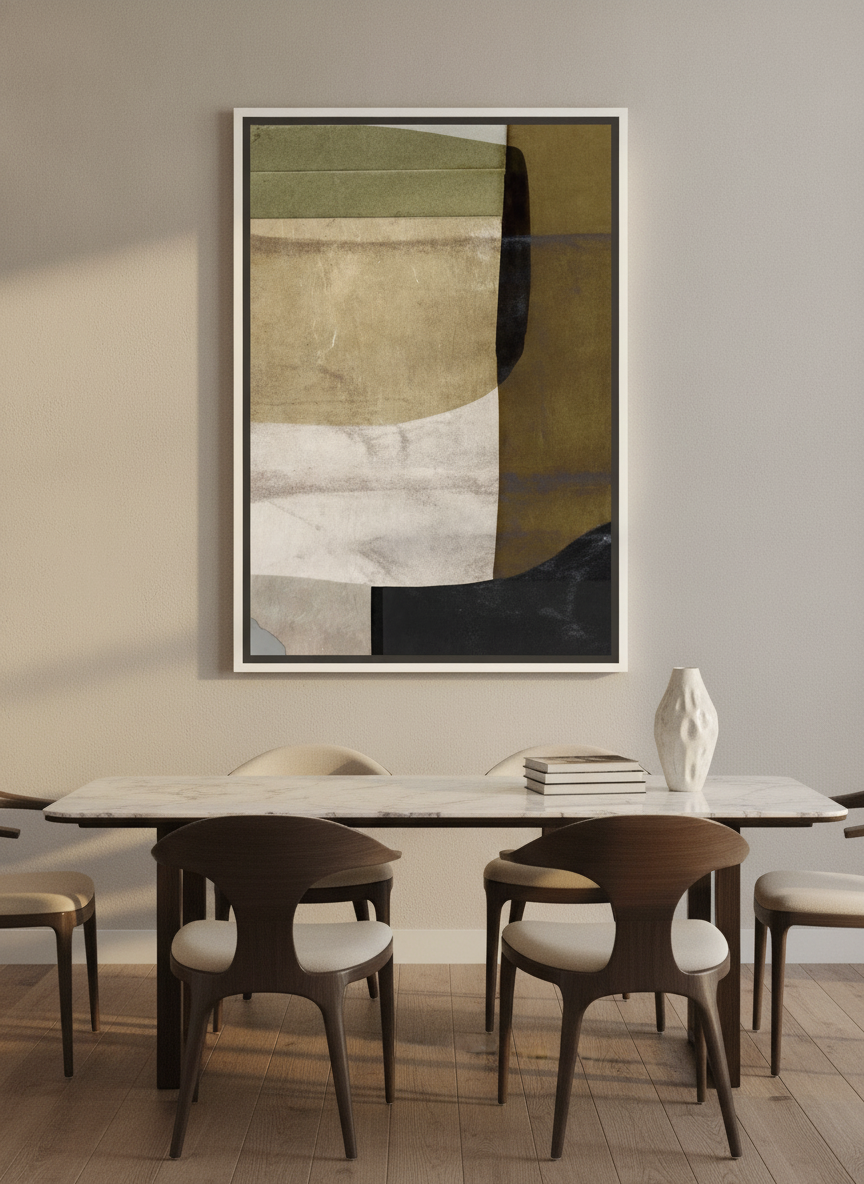 Canvas wall art with a white surround styled on the wall in a luxe dining room