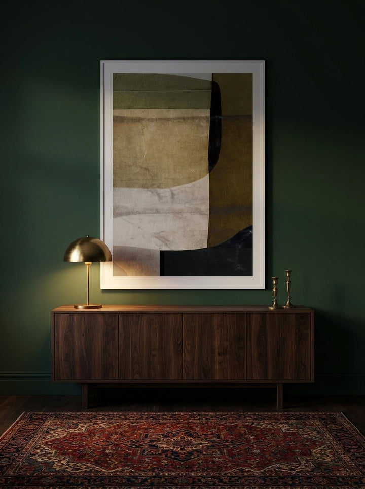 Oversized statement modern wall art print styled on the wall in a moody living room