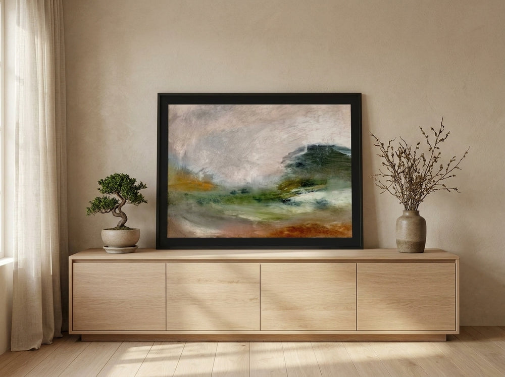 Modern wall art print standing on a sideboard in a warm Japandi home office