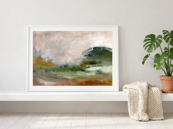 Modern wall art print standing on a shelf in a bright Scandinavian bedroom