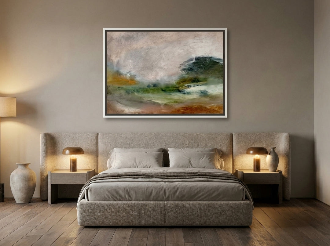 Canvas wall art with a white surround styled on the wall in a luxe bedroom
