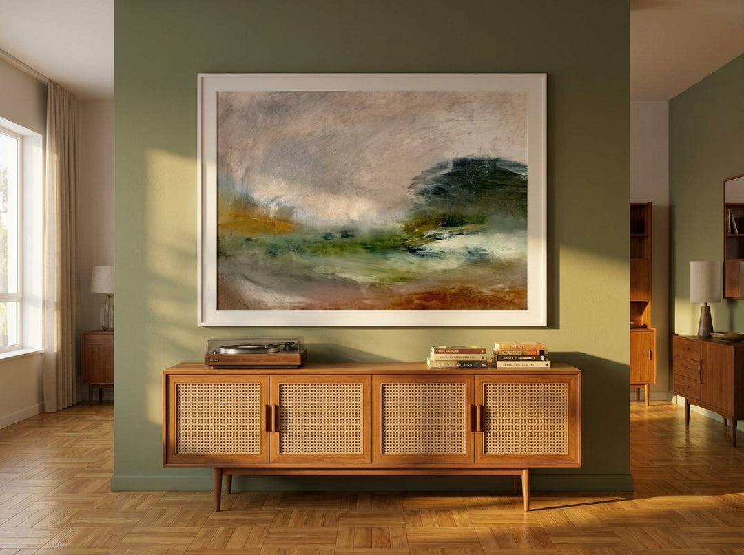 Oversized statement modern wall art print styled on the wall in a mid-century living room