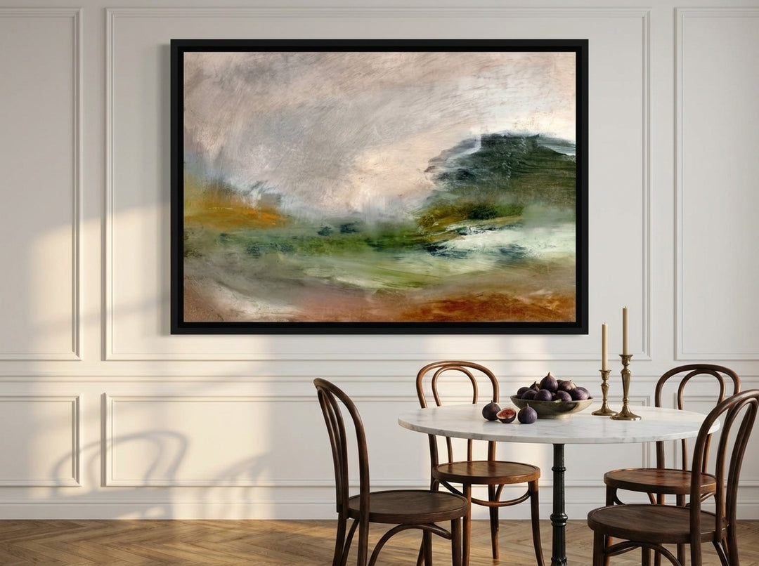 Oversized statement canvas wall art with a black surround styled on the wall in a Parisian dining room