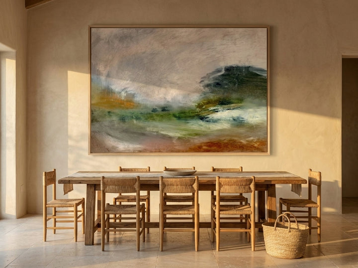 Oversized statement modern wall art print styled on the wall in a Mediterranean dining room