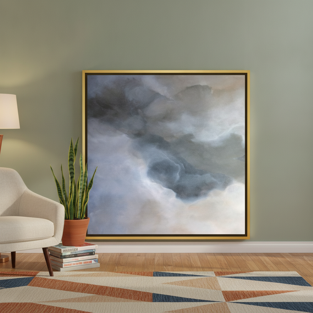 Canvas wall art with a gold leaf surround leaning against the wall in a mid-century living room