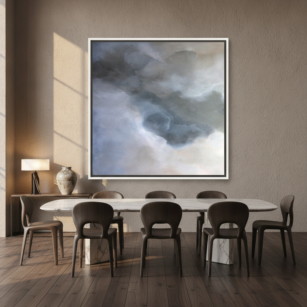 Oversized statement canvas wall art with a white surround styled on the wall in a luxe dining room