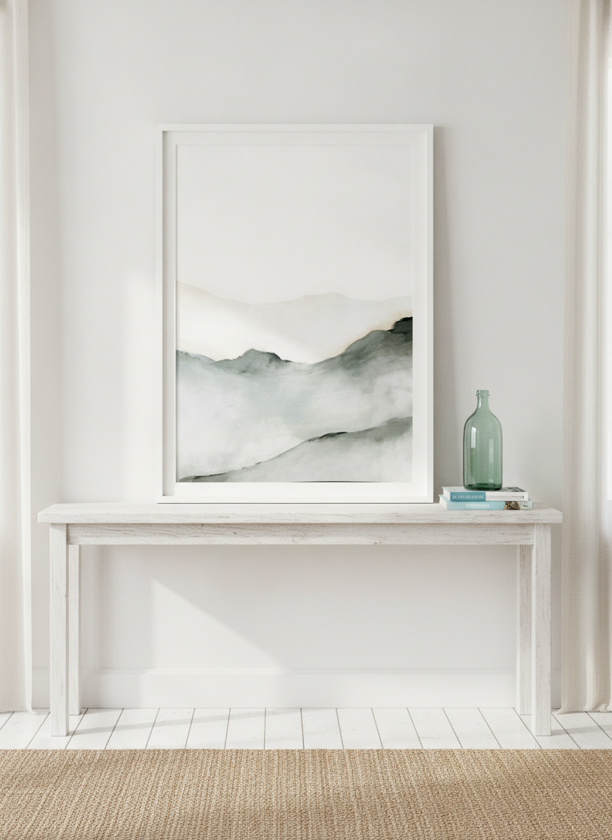 Modern wall art print standing on a console in a coastal home office