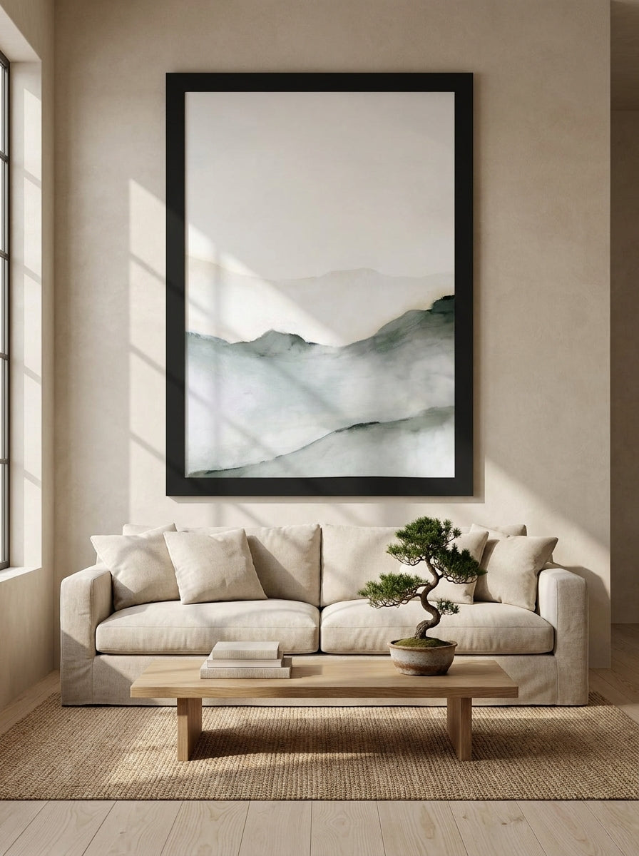 Oversized statement modern wall art print styled on the wall in a warm Japandi living room