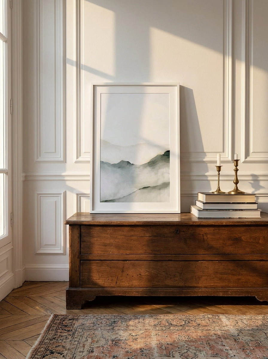 Modern wall art print standing on a sideboard in a Parisian bedroom