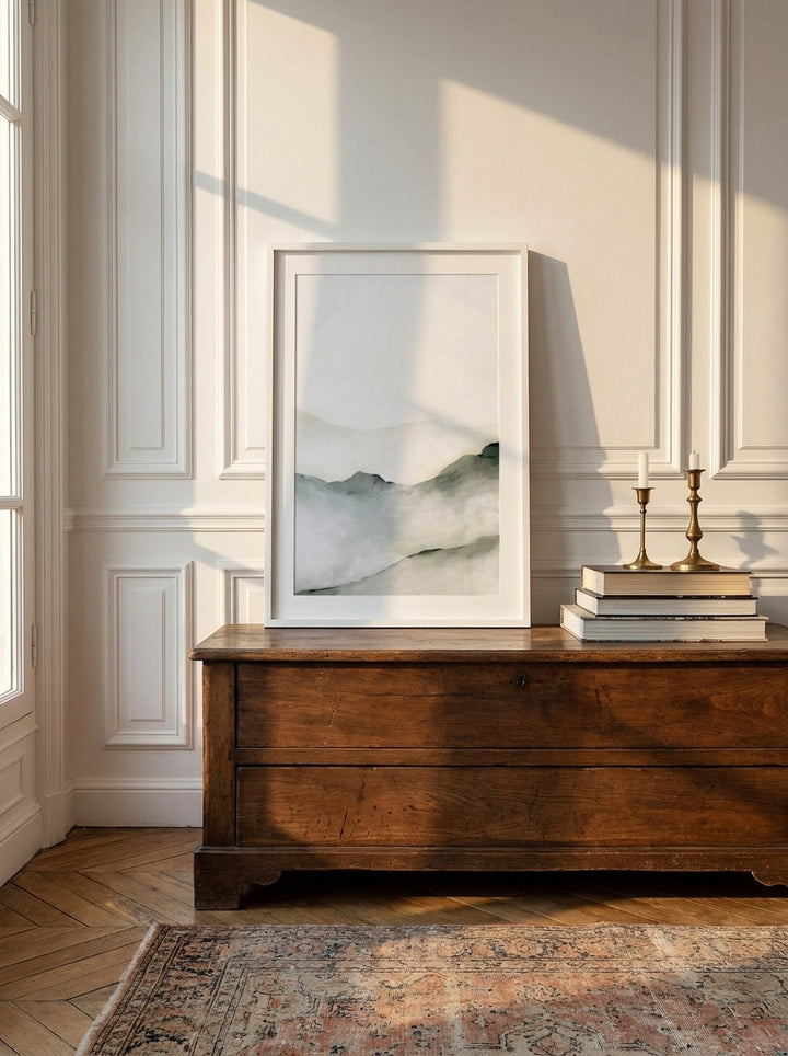 Modern wall art print standing on a sideboard in a Parisian bedroom