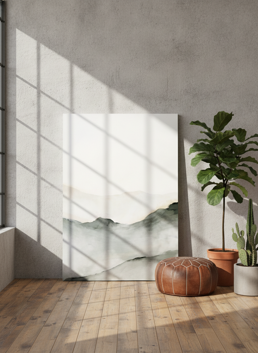 Stretched canvas wall art leaning against the wall in an industrial loft living room