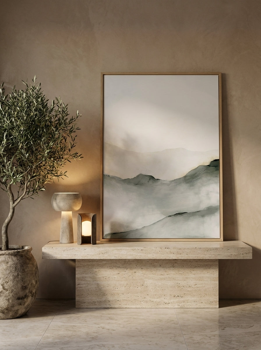 Modern wall art print standing on a console in a luxe bathroom