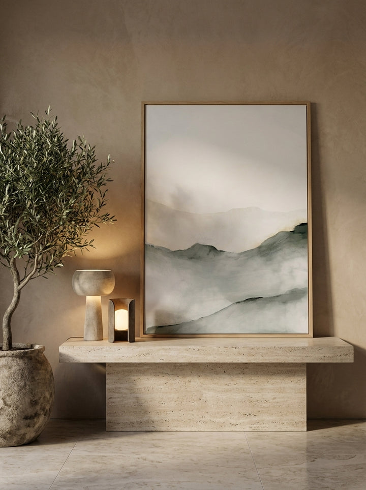 Modern wall art print standing on a console in a luxe bathroom