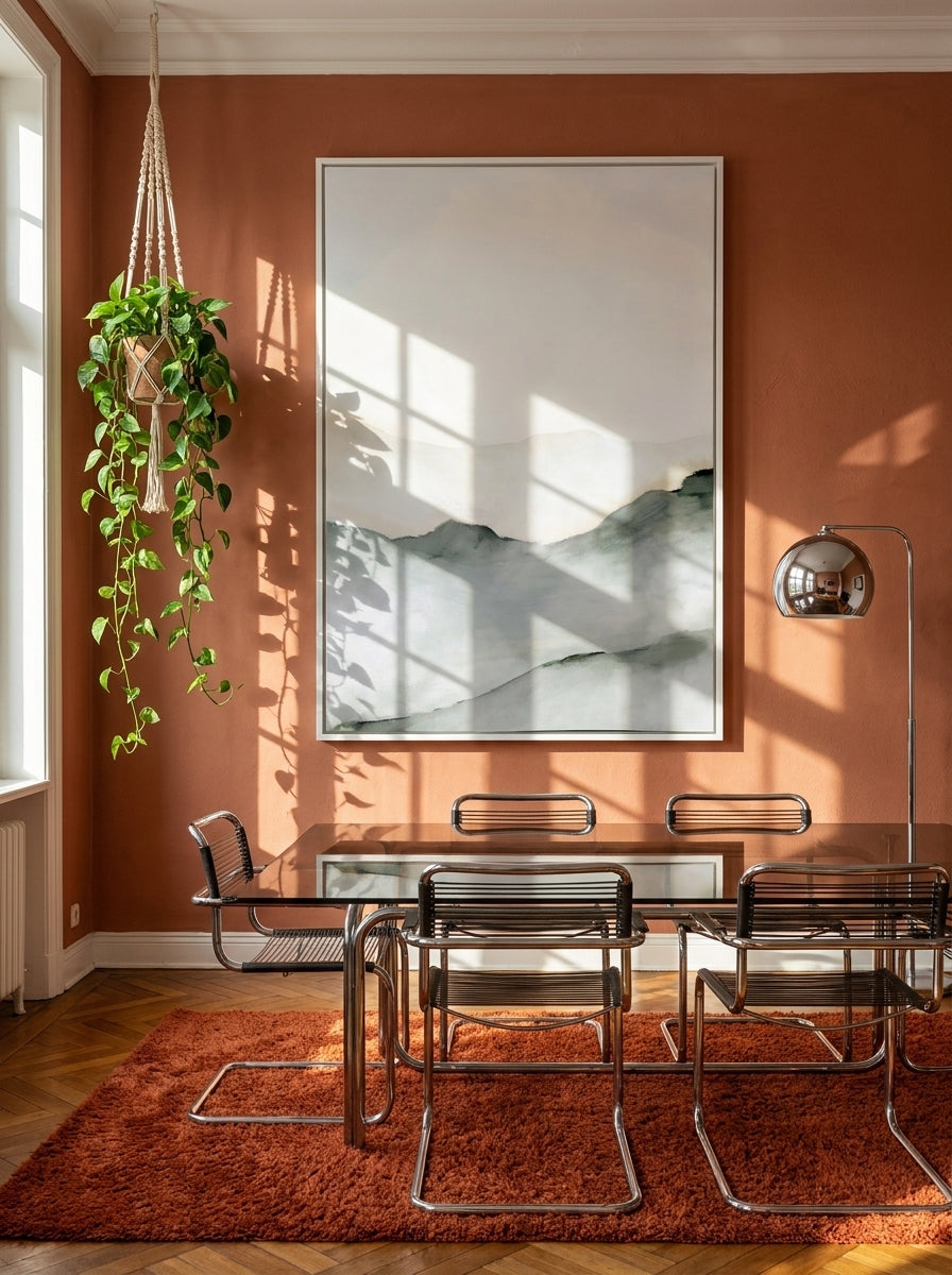 Oversized statement canvas wall art with a white surround styled on the wall in a retro 70s dining room