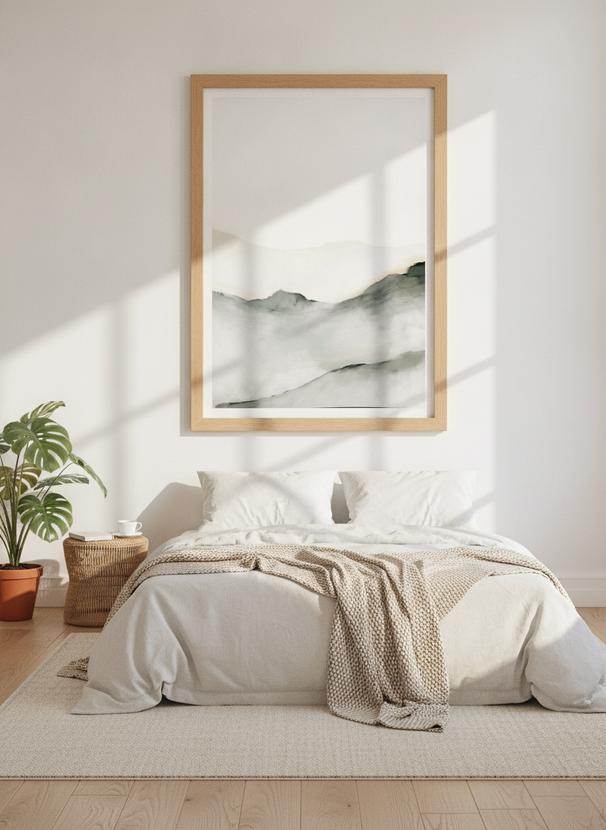 Modern wall art print styled on the wall in a bright Scandinavian bedroom