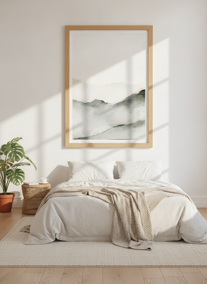 Modern wall art print styled on the wall in a bright Scandinavian bedroom