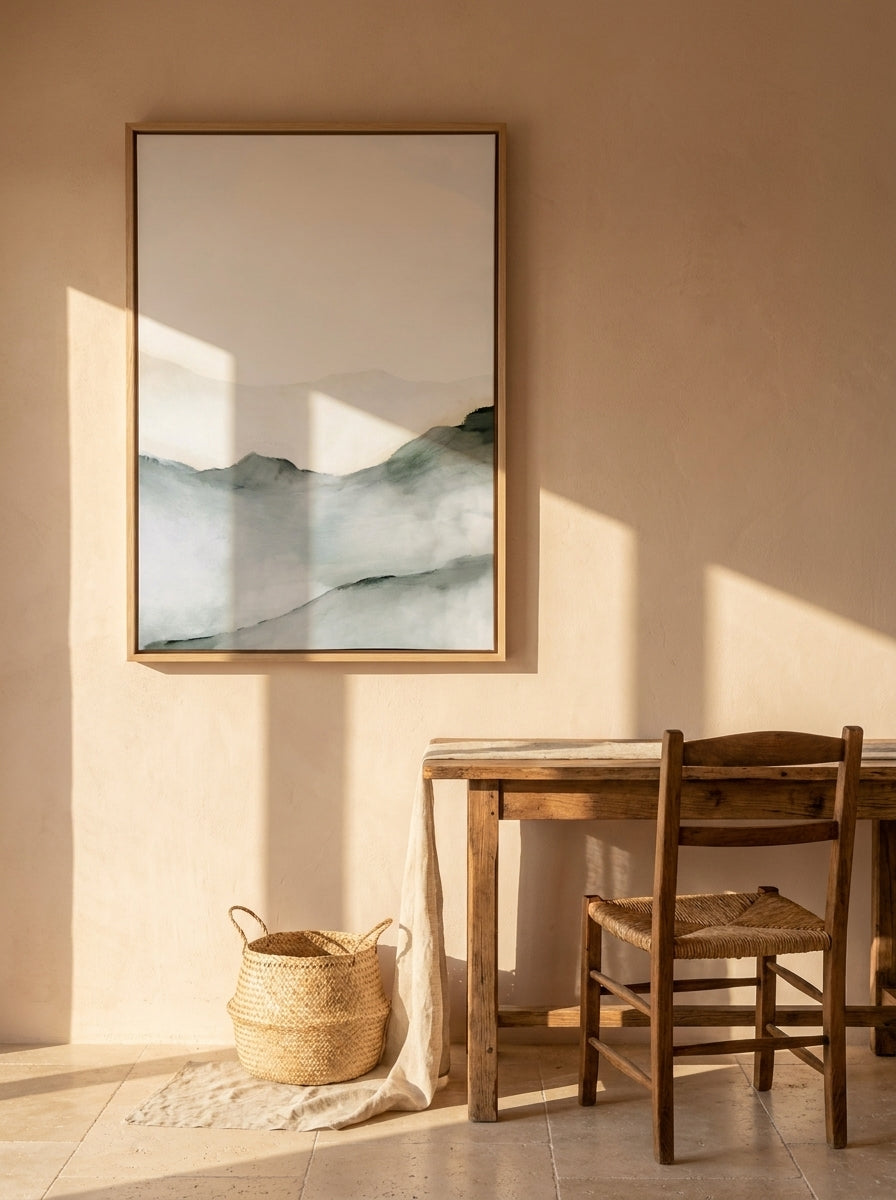 Canvas wall art with a natural timber surround styled on the wall in a Mediterranean home office