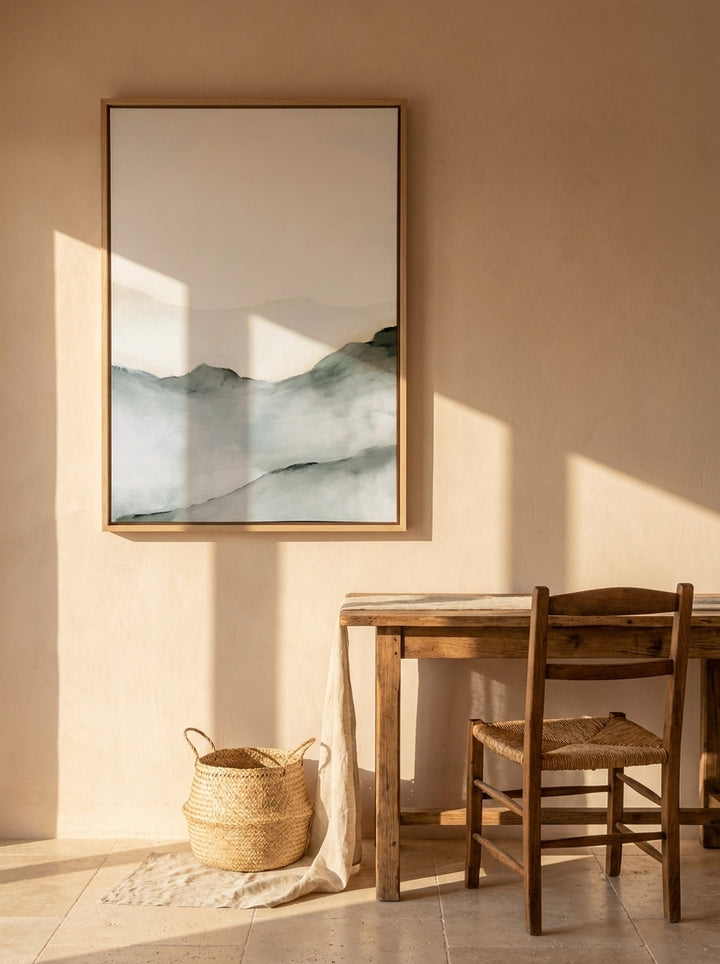 Canvas wall art with a natural timber surround styled on the wall in a Mediterranean home office