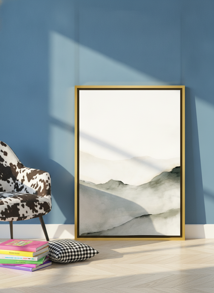 Canvas wall art with a gold leaf surround leaning against the wall in a colourful eclectic bedroom