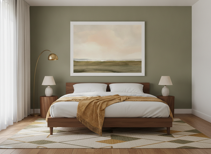 Modern wall art print styled on the wall in a mid-century bedroom