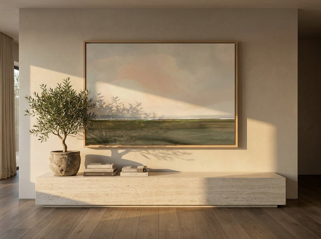Oversized statement modern wall art print styled on the wall in a luxe living room