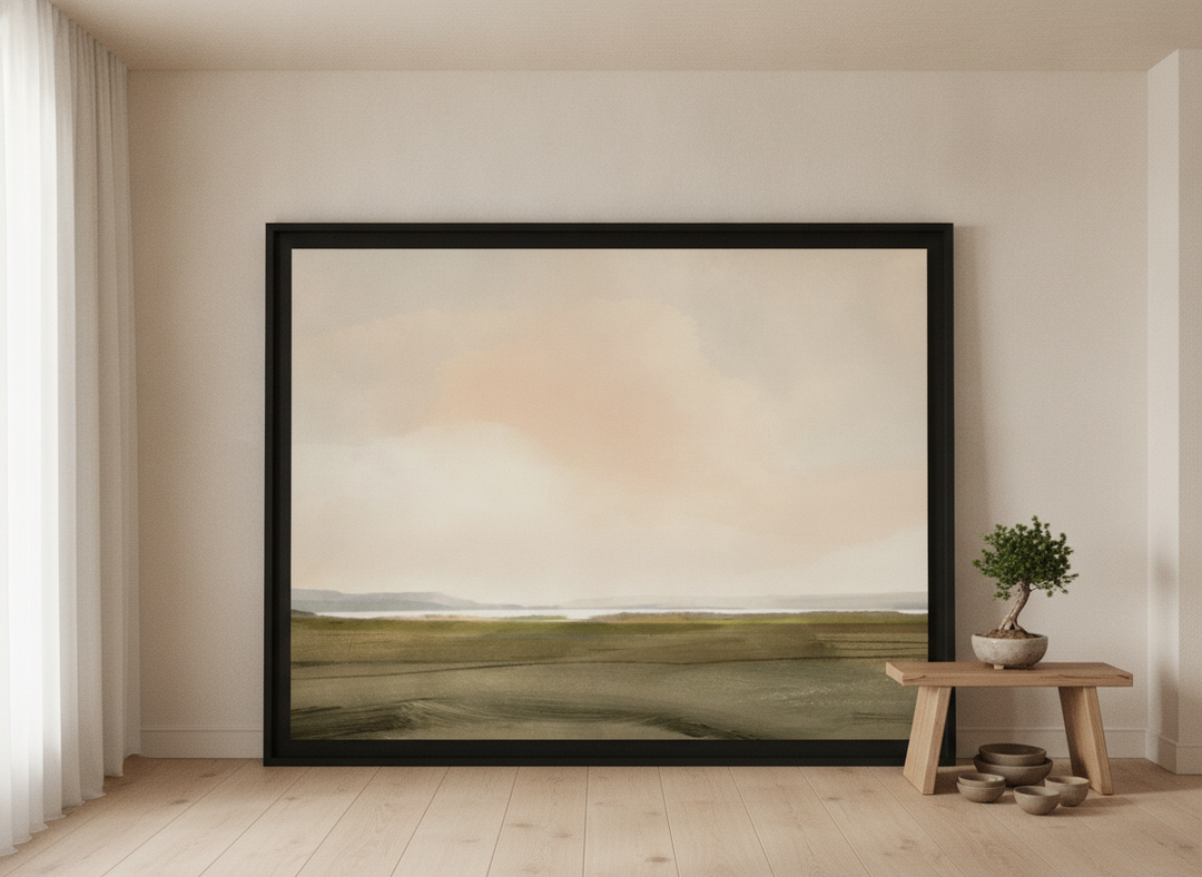 Oversized statement modern wall art print leaning against the wall in a warm Japandi bedroom