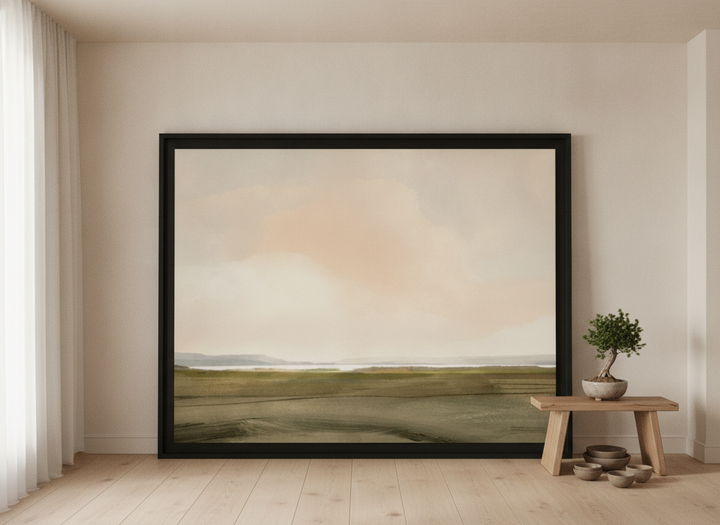 Oversized statement modern wall art print leaning against the wall in a warm Japandi bedroom