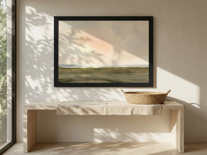 Modern wall art print styled on the wall in a Mediterranean living room
