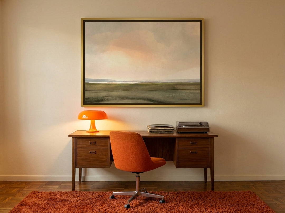 Canvas wall art with a gold leaf surround styled on the wall in a retro 70s home office