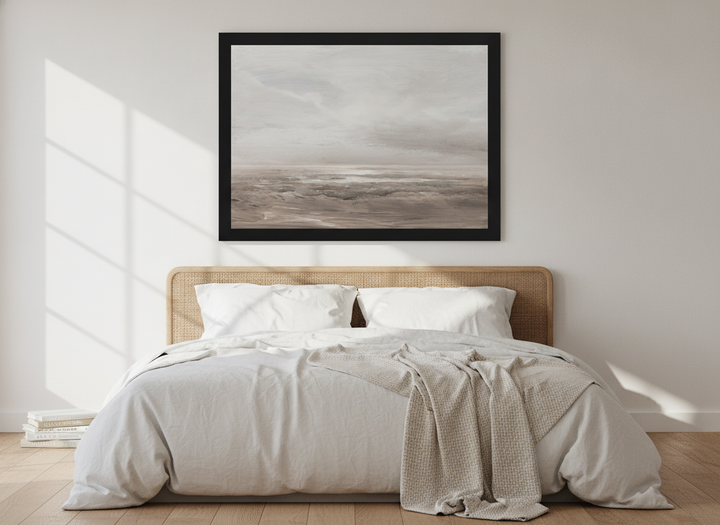 Modern wall art print styled on the wall in a coastal bedroom