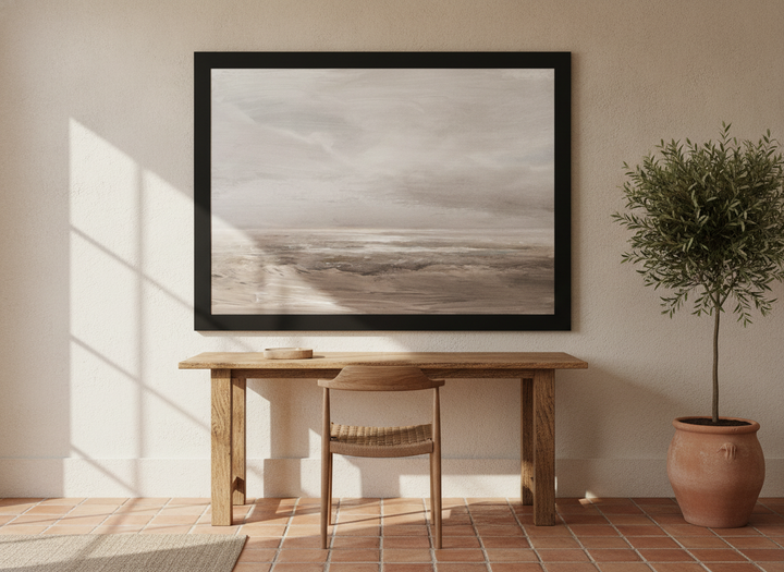 Modern wall art print styled on the wall in a Mediterranean home office