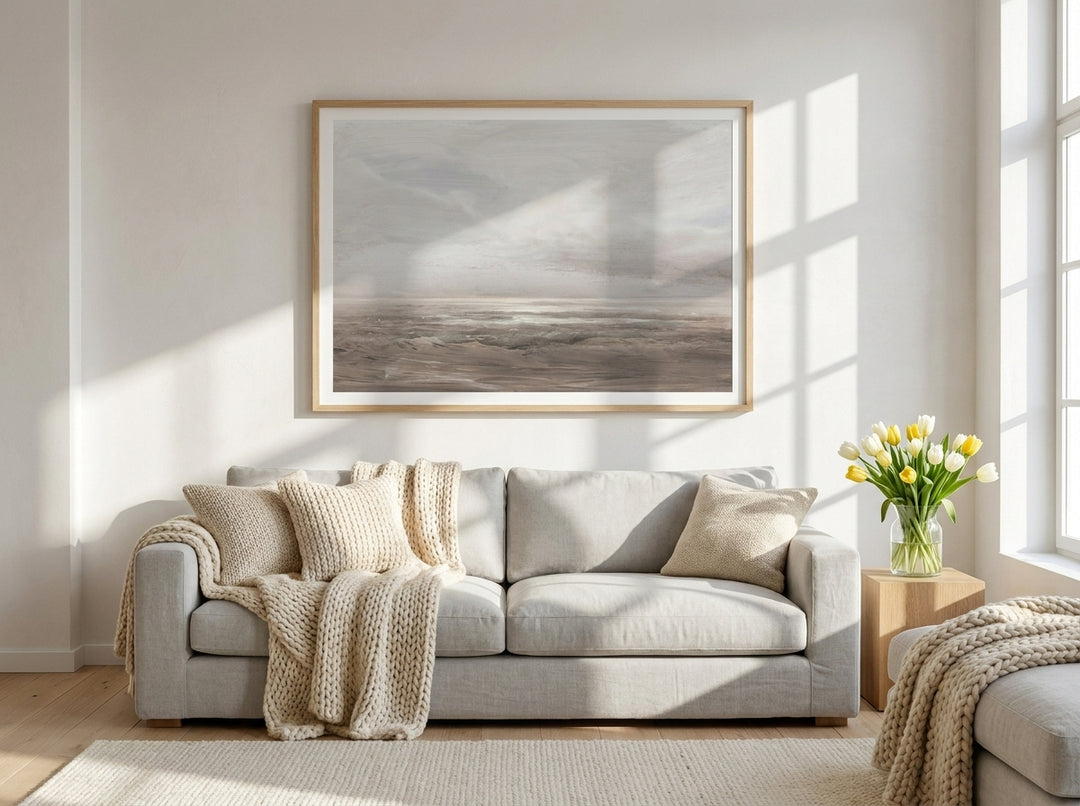 Modern wall art print styled on the wall in a bright Scandinavian living room