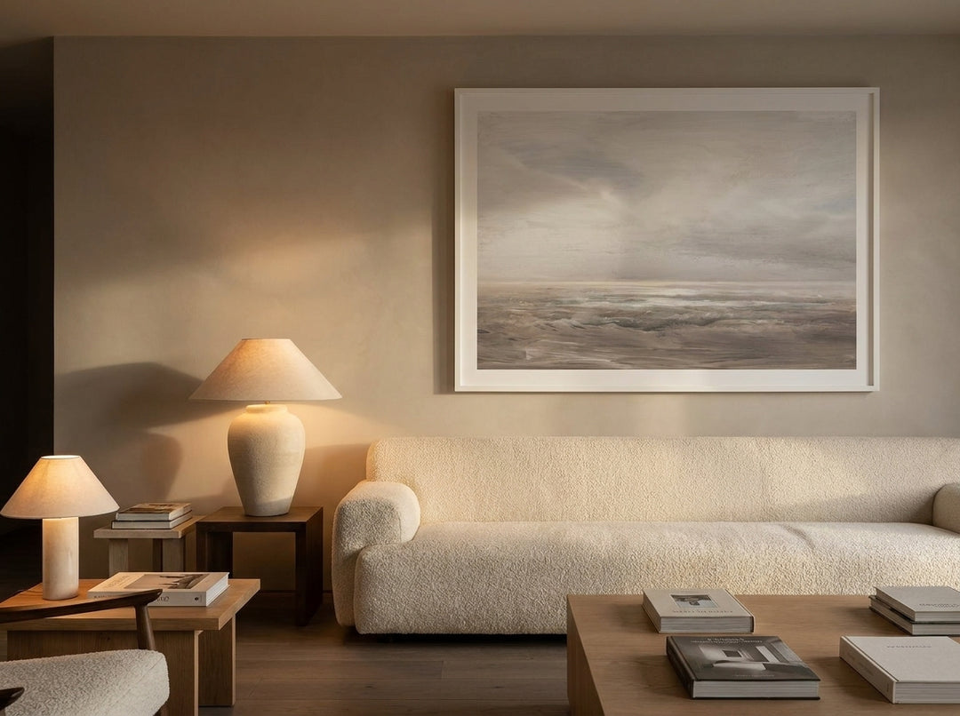Oversized statement modern wall art print styled on the wall in a luxe living room
