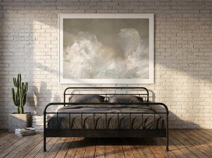 Modern wall art print styled on the wall in an industrial loft bedroom