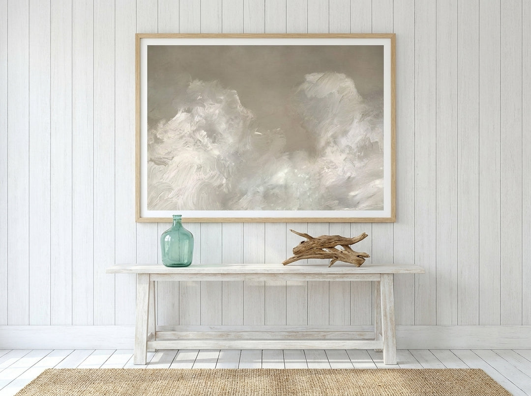 Modern wall art print styled on the wall in a coastal living room