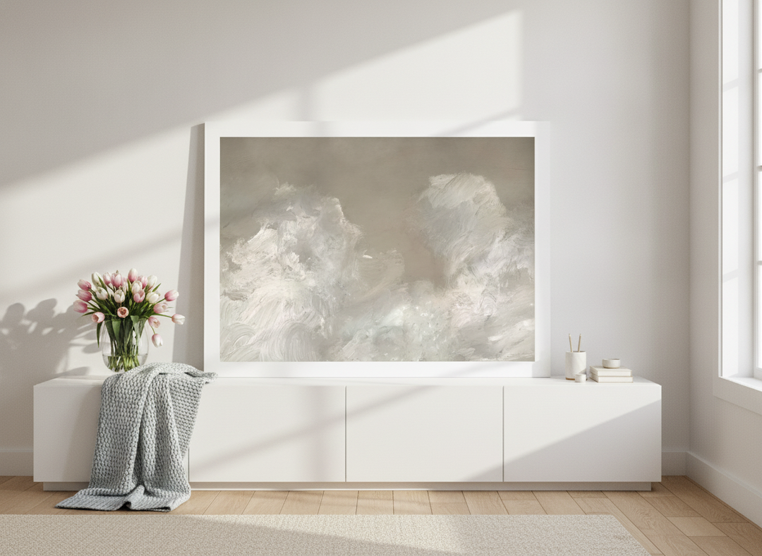 Modern wall art print standing on a sideboard in a bright Scandinavian home office