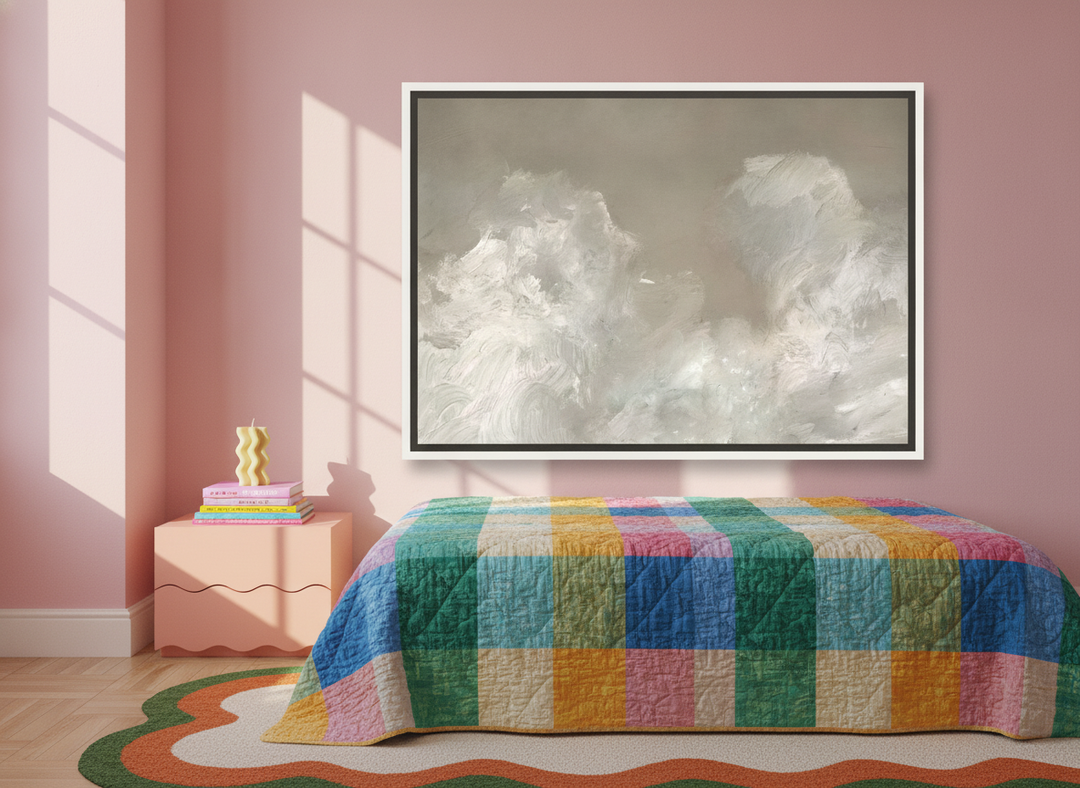 Canvas wall art with a white surround styled on the wall in a colourful eclectic bedroom