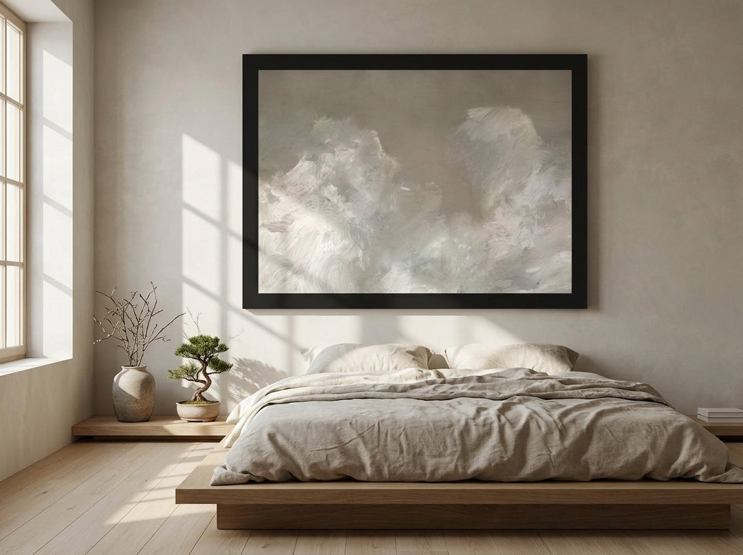 Oversized statement modern wall art print styled on the wall in a warm Japandi bedroom