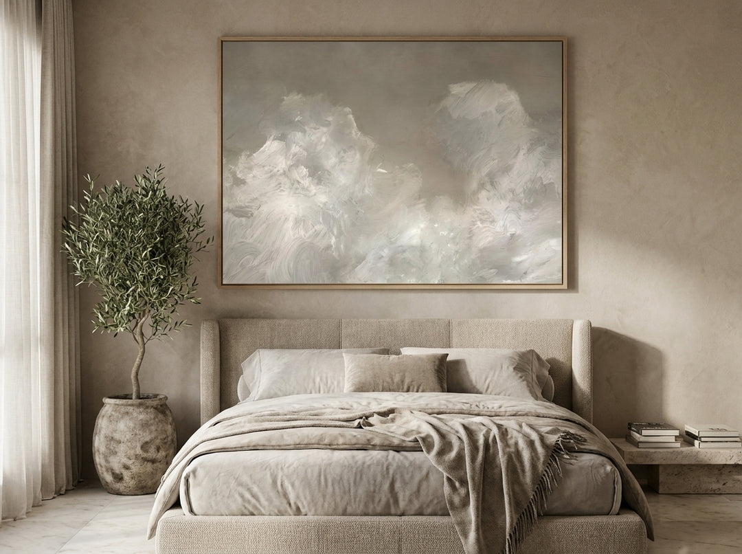 Oversized statement modern wall art print styled on the wall in a luxe bedroom