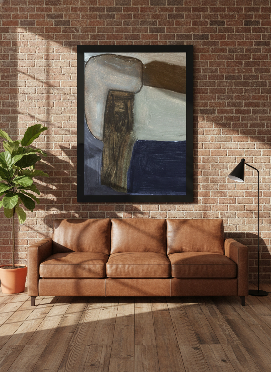Modern wall art print styled on the wall in an industrial loft living room