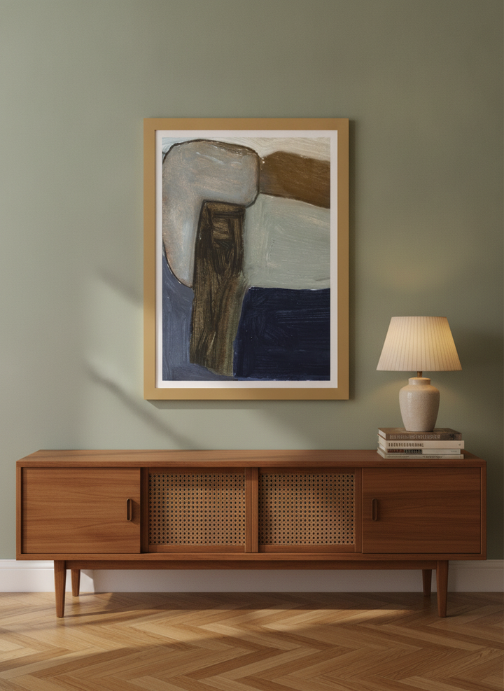 Modern wall art print styled on the wall in a mid-century living room